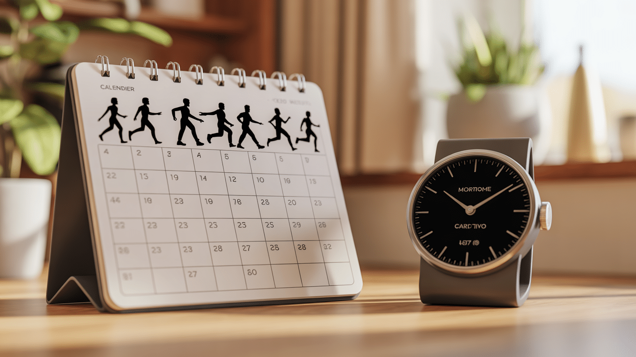 Calendrier montre silhouettes marche vélo haltères motivation cardio
