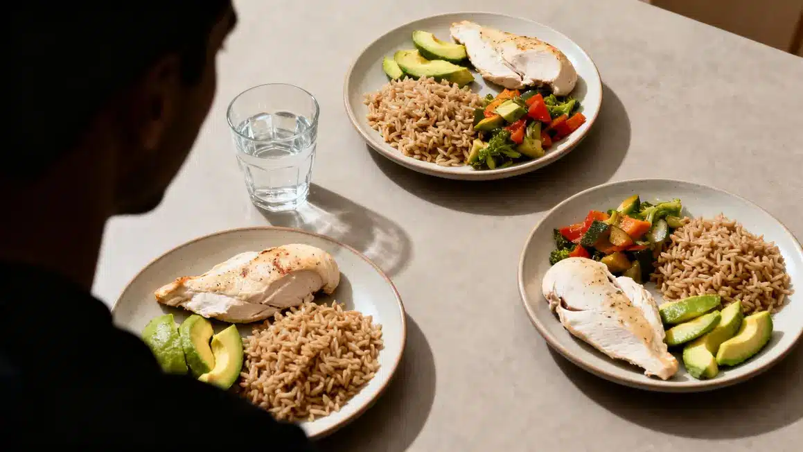 Table avec aliments musculation protéines glucides lipides