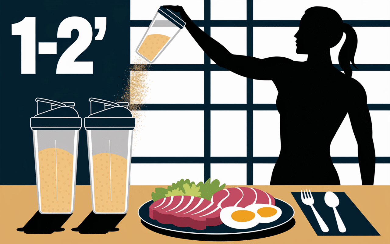 silhouette versant poudre whey dans shaker avec aliments et chiffre 1-2