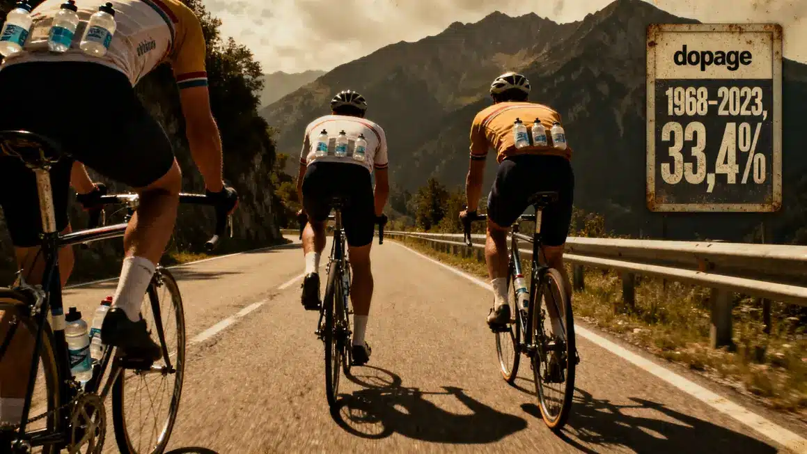 Cyclistes vintage sur route avec panneau dopage et chiffres