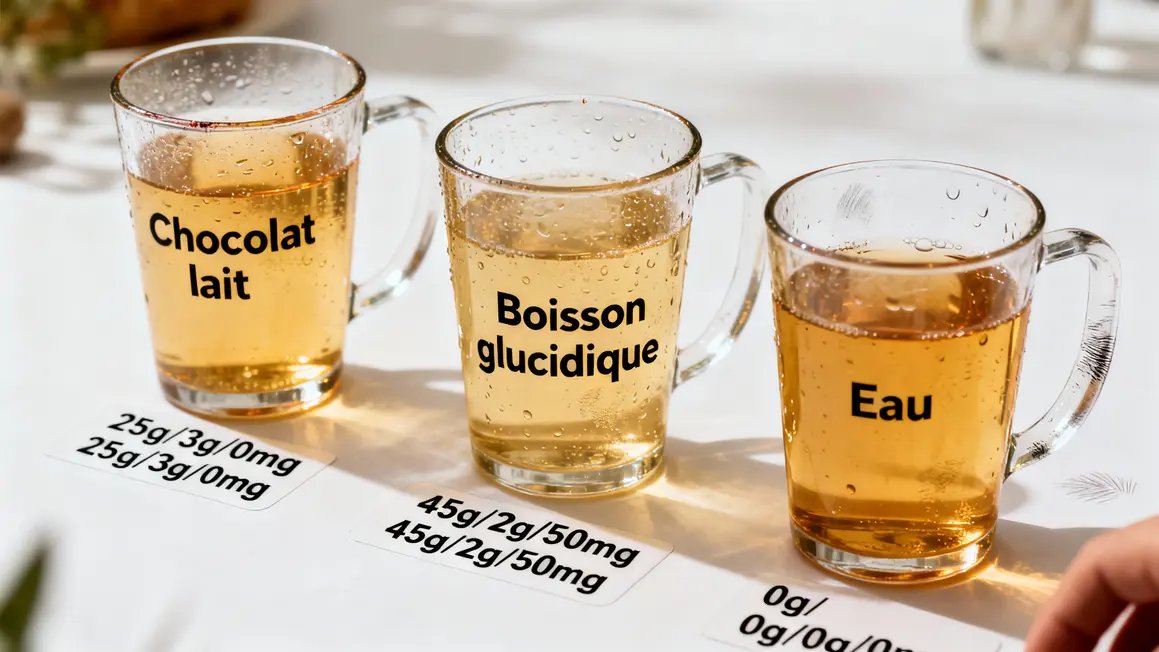 chocolat au lait, boisson glucidique et eau comparatif nutritionnel