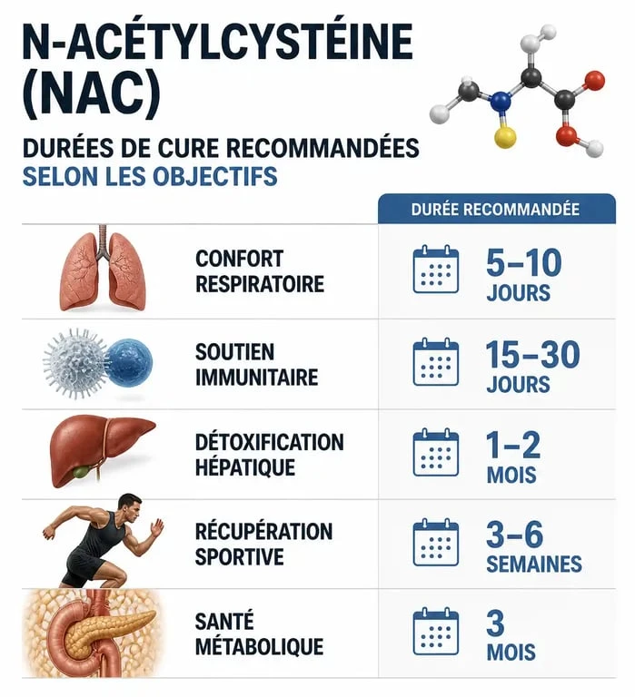 Infographie des durées de cure de NAC recommandées selon les objectifs de santé