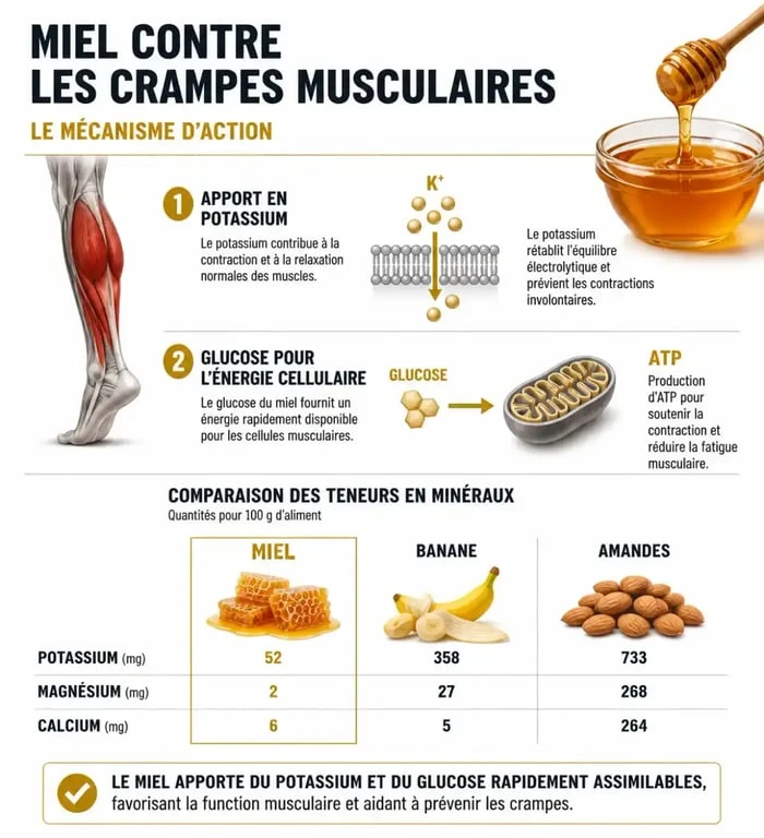 Infographie sur les bienfaits du miel contre les crampes musculaires et apport en potassium