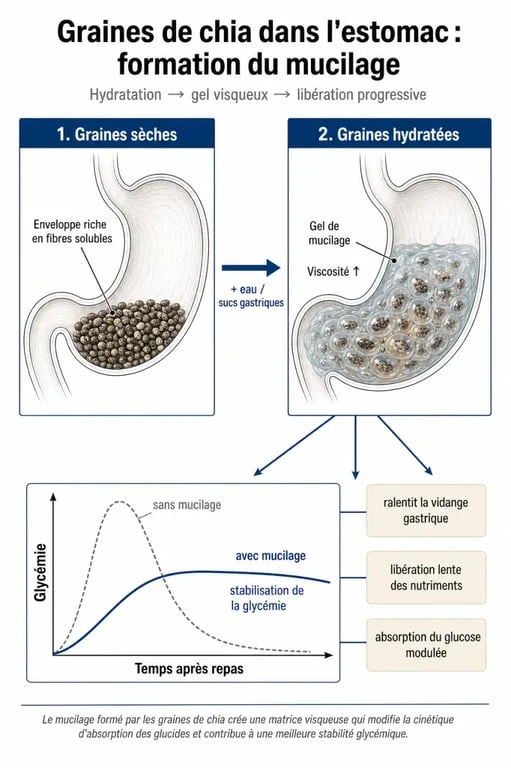 Infographie expliquant le mécanisme des graines de chia pour la perte de poids et la satiété