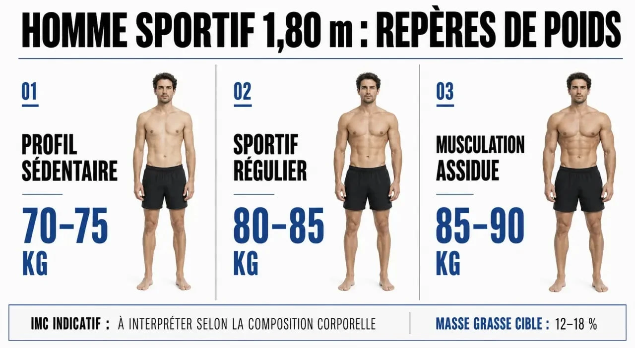 poids ideal homme 1m80 sportif : fourchettes de poids selon le niveau d’entraînement et la masse musculaire