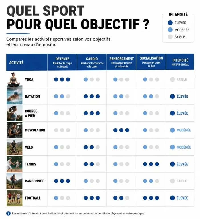 Tableau comparatif des activités sportives selon les objectifs et l'intensité pour bien choisir son sport