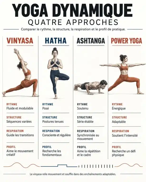 Infographie comparative du vinyasa, du hatha, de l’ashtanga et du power yoga