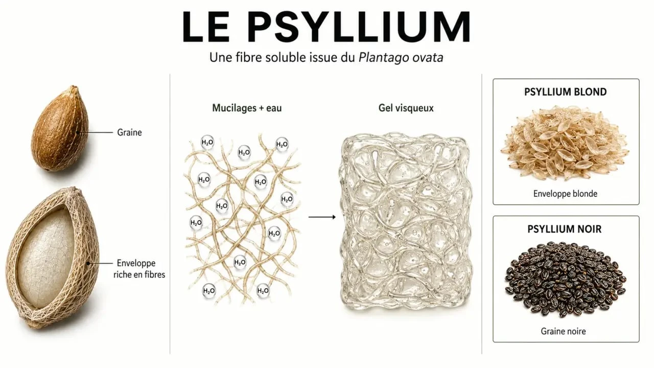 Infographie expliquant le psyllium c’est quoi, son enveloppe fibreuse et la formation d’un gel dans l’intestin